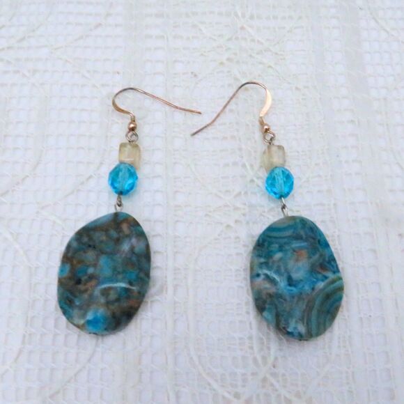 Handmade Blue Crazy Agate Dangle Earrings, Turquoise Blue Boho Drop Earrings - Picture 1 of 6